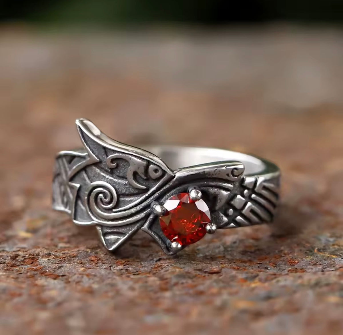 Wolf Celtic Ruby Stoned Ring
