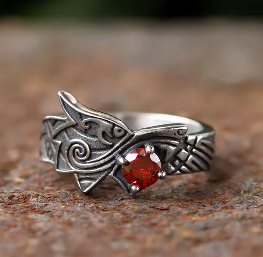 Wolf Celtic Ruby Stoned Ring